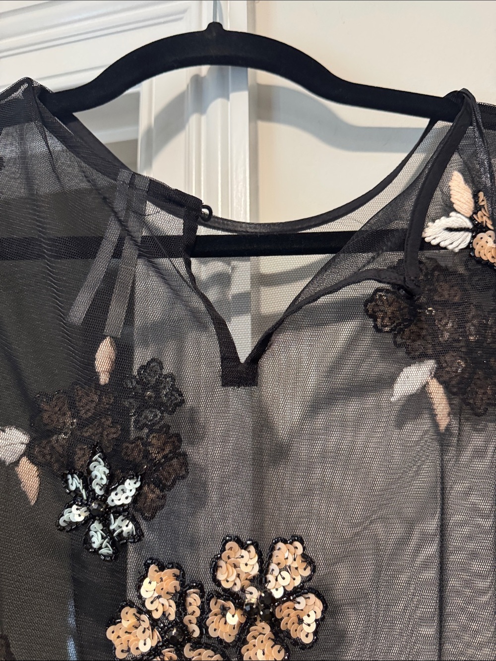 Anthropologie Black Sheer Mesh Floral Appliqué Peplum Blouse - Picture 2 of 5